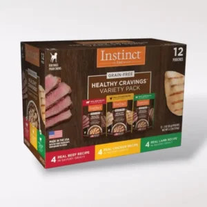 Pack de 12 sobres Instinct Healthy Cravings para perro adulto, alimento húmedo complementario en recetas variadas de res, pollo y cordero, ideal como topping para croquetas.
