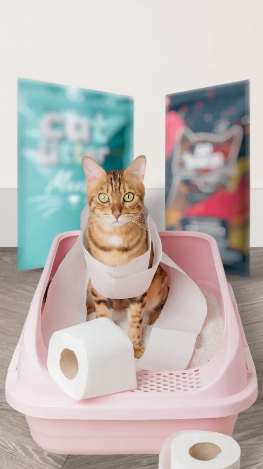 Imagen cómica figurativa de un caos sanitario felino. ¡Cambia su arena, cambia su vida!