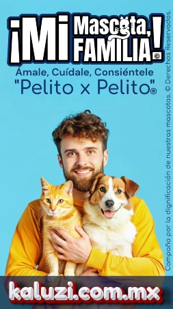 Imagen institucional KaLuZÍ para Mi Mascota, Mi Familia, que destaca a las mascotas como parte esencial de la familia. Foto de persona compartiendo un momento de ternura con su perro y su gato sobre fondo azul.