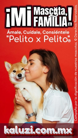 Visual de campaña Mi Mascota, Mi Familia de KaLuZÍ, que promueve el bienestar animal y el amor responsable. Persona sonriente abrazando a su perro Shiba Inu sobre fondo rojo.