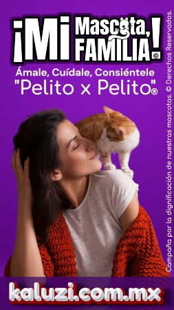 Imagen oficial KaLuZÍ para la campaña Mi Mascota, Mi Familia, que celebra el vínculo afectivo entre humanos y mascotas. Fotografía de una persona feliz con su gato, sobre fondo morado.