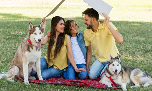 Familia compartiendo un momento especial en el parque con sus perros, acompañando una invitación a unirse a la comunidad KaLuZÍ en la campaña “¡Mi Mascota, Mi Familia!” y enviar fotos o videos que celebren a sus mascotas como parte integral de la familia.