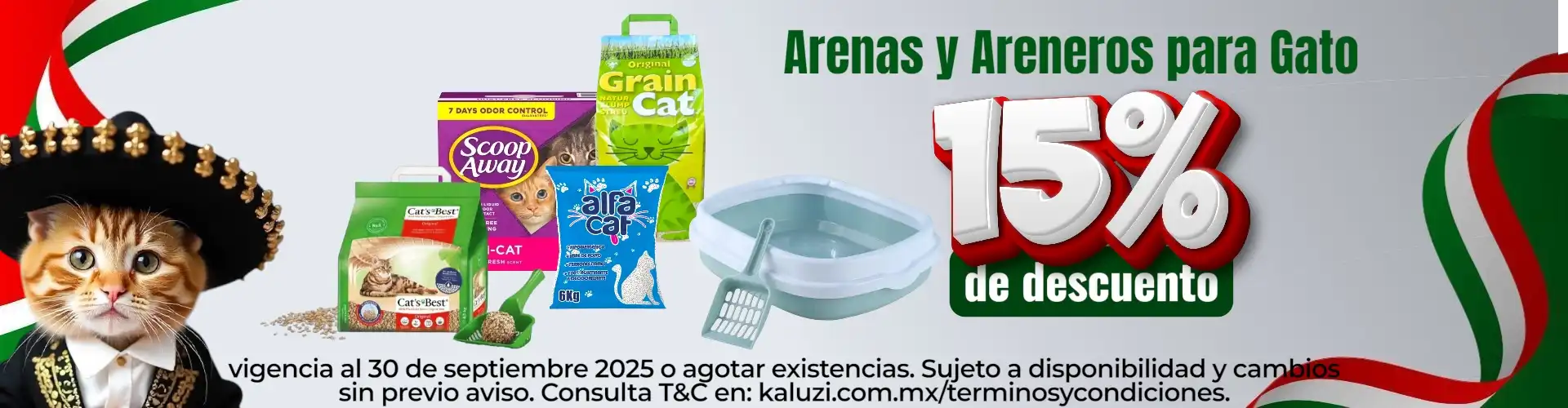 15% de descuento en Arenas y Areneros para Gato. Vigencia al 30 de septiembre 2025 o agotar existencias. Sujeto a cambios sin previo aviso. Consulta Términos y Condiciones en: kaluzi.com.mx