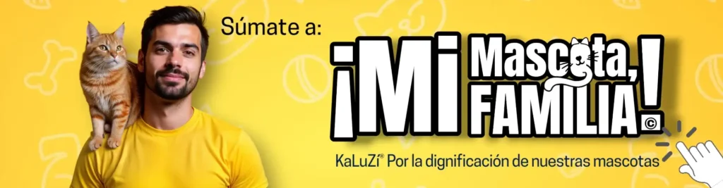 Banner Campaña KaLuZÍ por la dignificación de nuestras mascotas. Porque son familia. Hombre con su gato en el hombro.