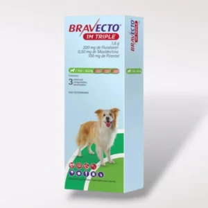 Caja de Bravecto Tripack 1M Triple. Tres comprimidos con efecto de 37 días cada uno para perros de 10 a 20 kg de peso.