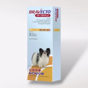 Caja de Bravecto Tripack 1M Triple. Tres comprimidos con efecto de 37 días cada uno para perros de 2.5 a 5 kg de peso.