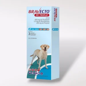 Caja de Bravecto Tripack 1M Triple. Tres comprimidos con efecto de 37 días cada uno para perros de 20 a 40 kg de peso.
