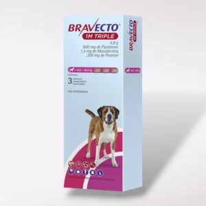 Caja de Bravecto Tripack 1M Triple. Tres comprimidos con efecto de 37 días cada uno para perros de 40 a 60 kg de peso.