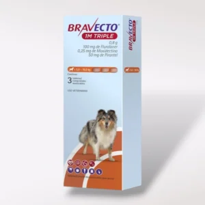 Caja de Bravecto Tripack 1M Triple. Tres comprimidos con efecto de 37 días cada uno para perros de 5 a 10 kg de peso.