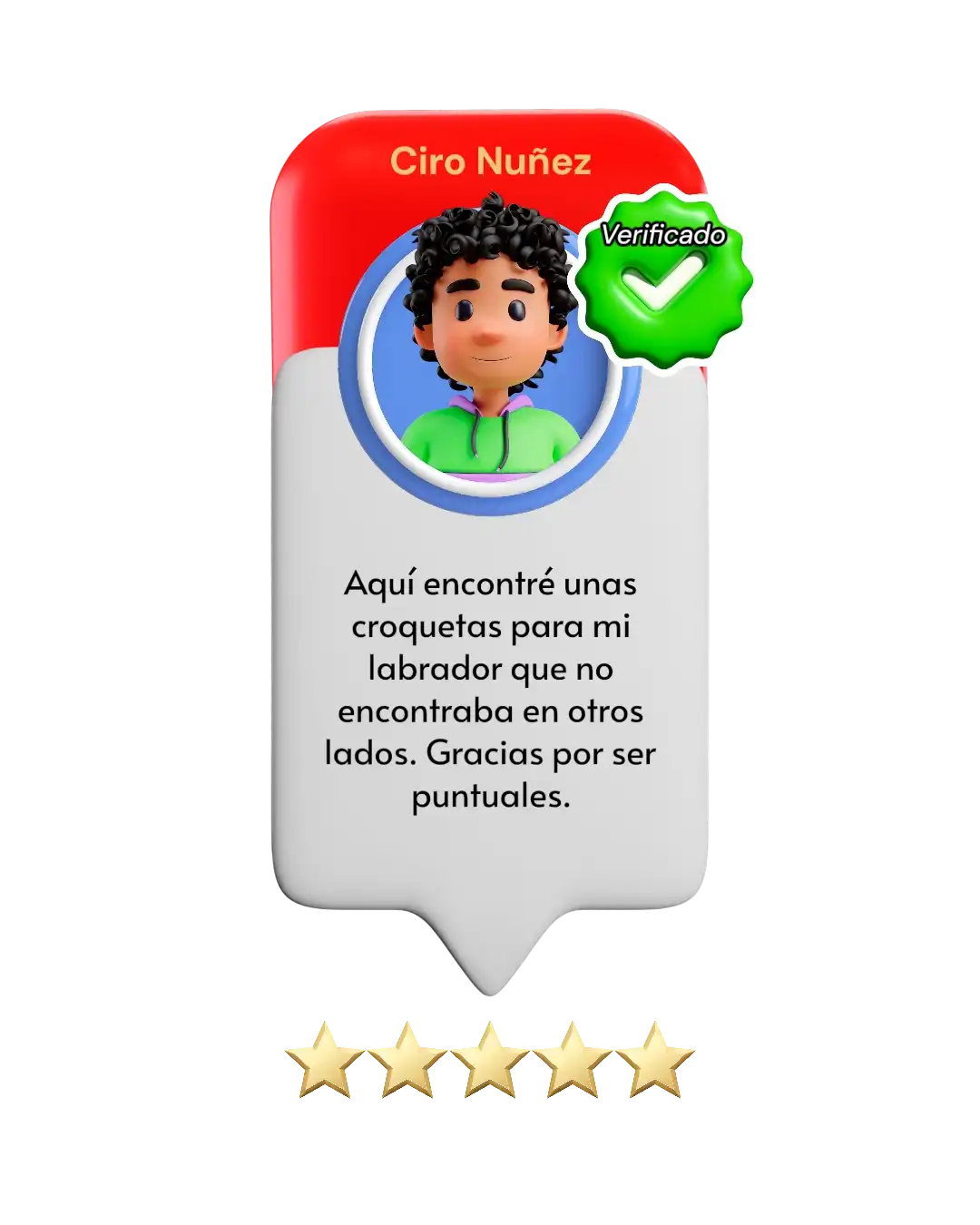 Valoración Cliente Verificado: Ciro N—"Aquí encontré unas croquetas para mi Labrador que no encontraba en otros lados. Gracias por ser puntuales"