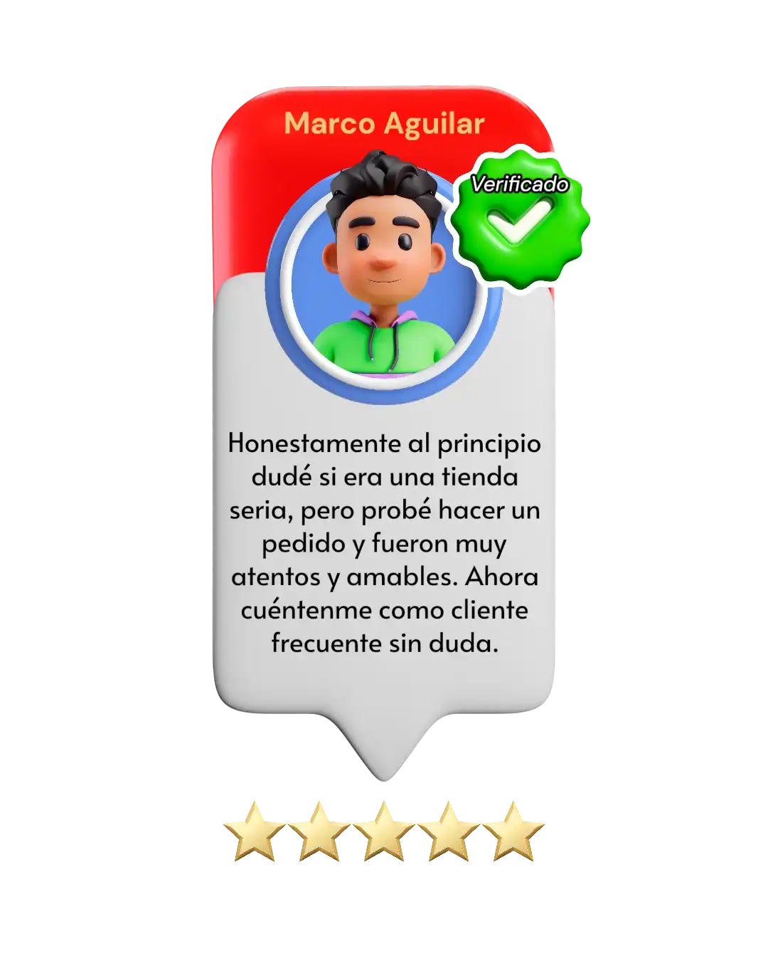 Valoración Cliente Verificado: Marco A—Honestamente al principio dudé si era una tienda seria, pero probé hacer un pedido y fueron muy atentos y amables. Ahora cuéntenme como cliente frecuente sin duda.