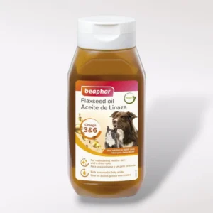 Botella de Aceite de Linaza Beaphar de 430 ml, suplemento vegano para perros y gatos. El envase muestra que contiene Omega 3 y 6, ideal para piel sana y pelaje brillante. Apto para dietas BARF, con diseño visible del aceite y etiquetas coloridas.