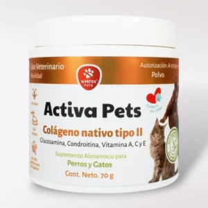 Tarro de suplemento Activa Pets en polvo para perros y gatos, fórmula con colágeno tipo II, glucosamina, condroitina y vitaminas A, C y E. Contenido neto 70 g. Apoya la salud articular, movilidad y bienestar digestivo. Producto de uso veterinario