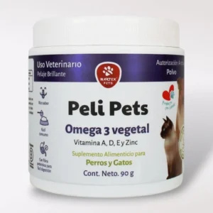 Tarro de suplemento Peli Pets en polvo para perros y gatos, fórmula vegetal con Omega 3, vitaminas A, D, E y Zinc. Contenido neto 90 g. Promueve pelaje brillante, digestión saludable y fácil consumo. Producto de uso veterinario.