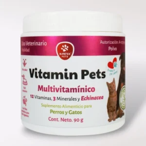 Tarro de Vitamin Pets multivitamínico en polvo para perros y gatos, suplemento alimenticio de uso veterinario con 12 vitaminas, 3 minerales y Echinacea, 90 g. Apoya el sistema inmunológico, la vitalidad y la salud integral de mascotas de todas las edades.