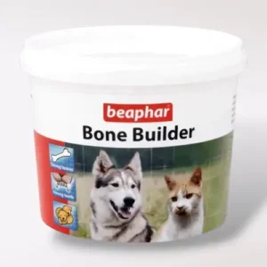Envase de Beaphar Bone Builder, suplemento de calcio en polvo para perros y gatos. Ideal para fortalecer huesos y dientes. Presentación de 500gr.