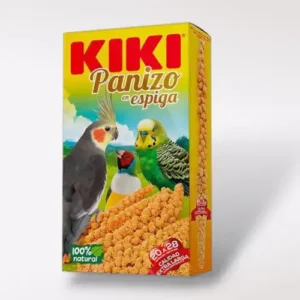 Caja con Ramas de panizo Kiki en espiga. Snack premium natural bajas en grasas. Ideal para aves pequeñas, medianas y grandes. presentación 100gr.