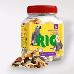 Bote de Rio Mezcla de Frutas y Nueces. Snack natural con energía y sabor. Ideal para loros, cotorras y periquitos. Presentación de 160g.