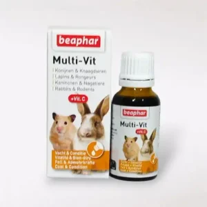 Frasco de suplemento MultiVit Beaphar con 12 vitaminas para roedores y conejos. Contenido: 20 ml. Apto para chinchillas, cobayas, hamsters, degus, conejos y cuyos.