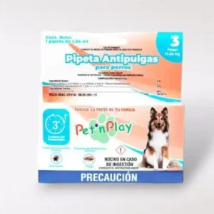 Caja con pipeta antipulgas Pet’n Play para perros de 11 a 20kg. Contiene una dosis de 1.34 ml. Protege contra pulgas, garrapatas, piojos y ácaros.