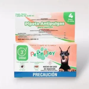 Caja con pipeta antipulgas Pet’n Play para perros de 21 a 40 kg. Contiene una dosis de 2.68 mL. Protege contra pulgas, garrapatas, piojos y ácaros.