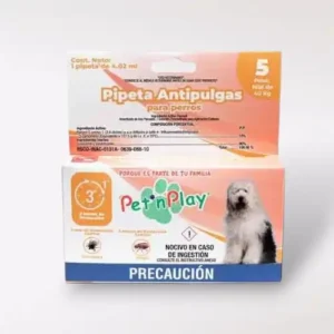 Caja con pipeta antipulgas Pet’n Play para perros de más de 40 kg. Contiene una dosis de 4.02 mL. Protege contra pulgas, garrapatas, piojos y ácaros.