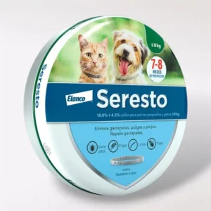Seresto Collar Antipulgas y Garrapatas para Perros Chicos y Gatos menores a 8 kg, diseño ligero, resistente al agua y protección eficiente por 8 meses.
