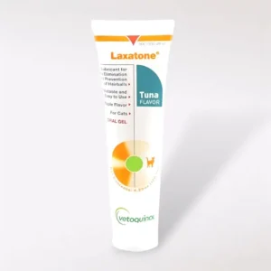 Envase de Laxatone Gel para gatos, 120g, sabor a arce. Producto para control y eliminación de bolas de pelo, enriquecido con Omega 3, 6 y 9. Tubo con diseño veterinario y gráfico alusivo a pelaje brillante.