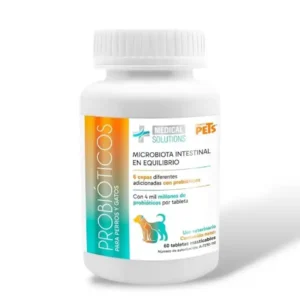 Frasco con 60 tabletas de Probióticos masticables Medical Solutions de Fancy Pets para perros y gatos. Suplemento para equilibrio de la microbiota intestinal disponible en KaLuZí®.