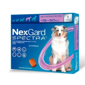 Tableta masticable NexGard Spectra para perros grandes de 15 a 30 kg. Antipulgas y desparasitante interno y externo de uso veterinario disponible en KaLuZí®.
