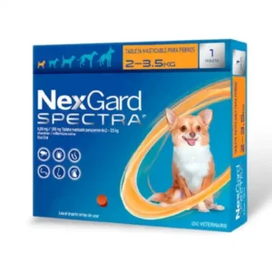 Tableta masticable NexGard Spectra para perros mini de 2 a 3.5 kg. Antipulgas y desparasitante interno y externo de uso veterinario disponible en KaLuZí®.