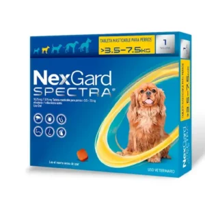 Tableta masticable NexGard Spectra para perros chicos de 3.5 a 7.5 kg. Antipulgas y desparasitante interno y externo de uso veterinario disponible en KaLuZí®.