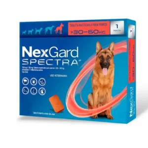 Tableta masticable NexGard Spectra para perros extra grandes de 30 a 60 kg. Antipulgas y desparasitante interno y externo de uso veterinario disponible en KaLuZí®.
